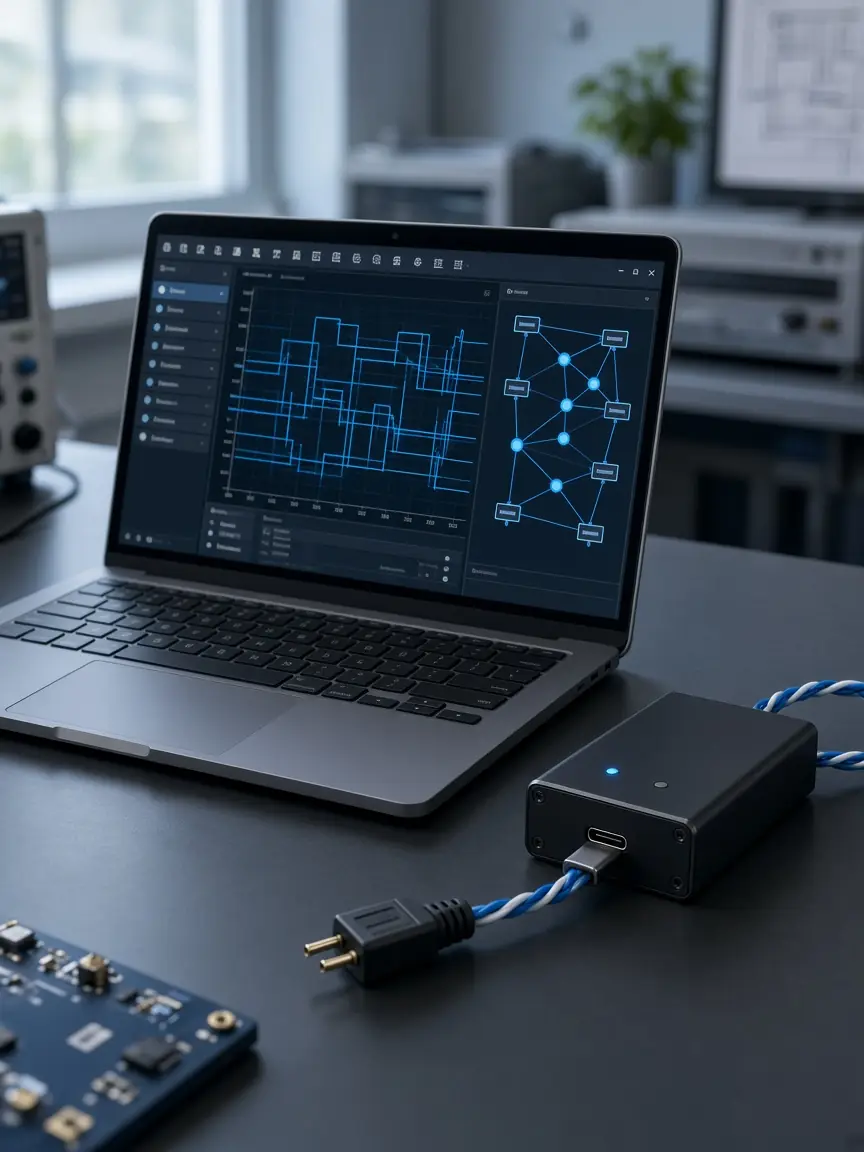CAN engineering lab workspace with laptop and USB-CAN adapter