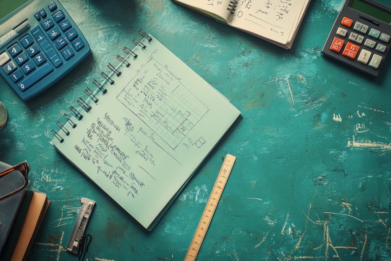 Overhead view of a workspace with a notepad, calculator, ruler, glasses, and a cup of coffee.